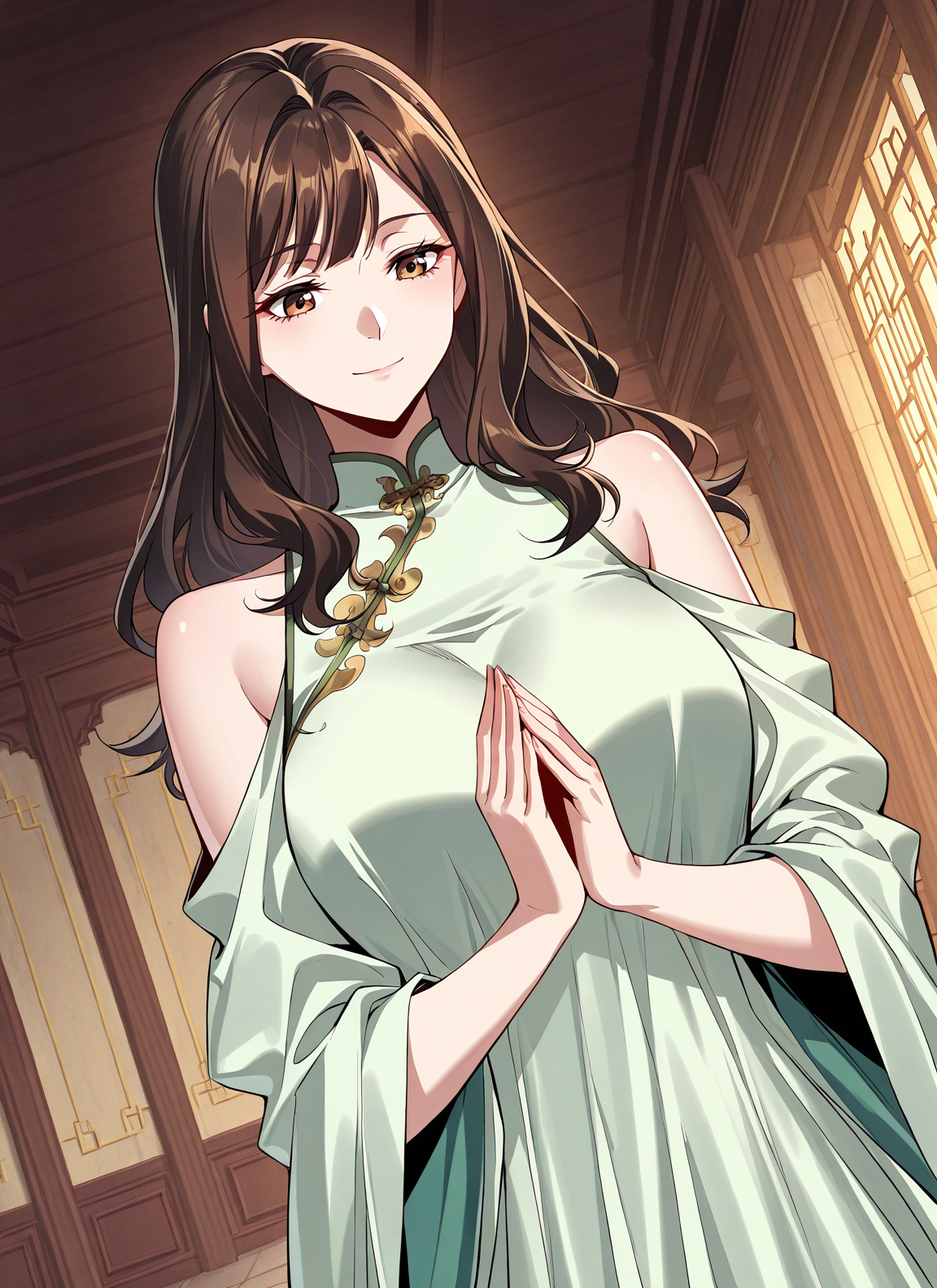 <lora:Lu_Luo:1>
1 girl, solo, long hair, brown hair, brown eyes, bangs
chinese clothes, green dress, bare shoulders, shoulder cutout, clothing cutout
score_9, score_8_up, score_7_up, very aesthetic, source_anime, detailed, high quality, beautiful, masterpiece, detailed eyes, castle room background, cowboy shot, dynamic angle, upper body, light smile, big breasts, dynamic pose, own hands together