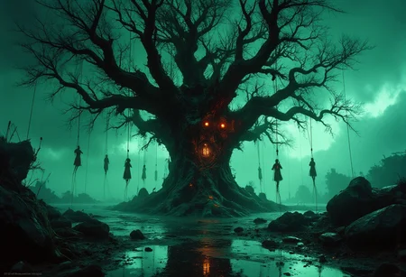 Under a stormy, neon-lit sky, a vast, ancient tree looms, its gnarled branches draped with suspended bodies, each tethered by intricate webs of cables and wires that shimmer in the dim light. The scene blends cyberpunk and dark fantasy horror, with electric hues and iridescent glows casting unsettling reflections on the slick, rain-drenched landscape. Faint, ghostly light beams cut through the fog, revealing the twisted, grotesque details of this dark, dystopian world. Vibrant neon accents contrast sharply with ominous shadows, illuminating the chilling figures hanging silently, their silhouettes outlined by an eerie, greenish glow that pulses with an unsettling, mechanical hum. The atmosphere is charged with suspense, dense fog swirling around the massive tree, amplifying a haunting sense of decay and mystery. Particles float in the damp air, catching the light in vibrant, otherworldly hues, while powerful, dramatic lighting creates dynamic depth, highlighting the distorted bark of the tree and casting long, foreboding shadows across the scene. A perfect fusion of sci-fi horror and vivid cyberpunk, this cinematic, highly detailed masterpiece immerses the viewer in an intense, disturbing atmosphere that hints at a forgotten, haunted past, as if the tree itself harbors ancient secrets of a lost civilization.best quality,masterpiece,deep rich colors, color contrast, vibrant,subsurface scattering,bioluminescence,fluorescence, transparency, iridescent, water,reflections,close-up