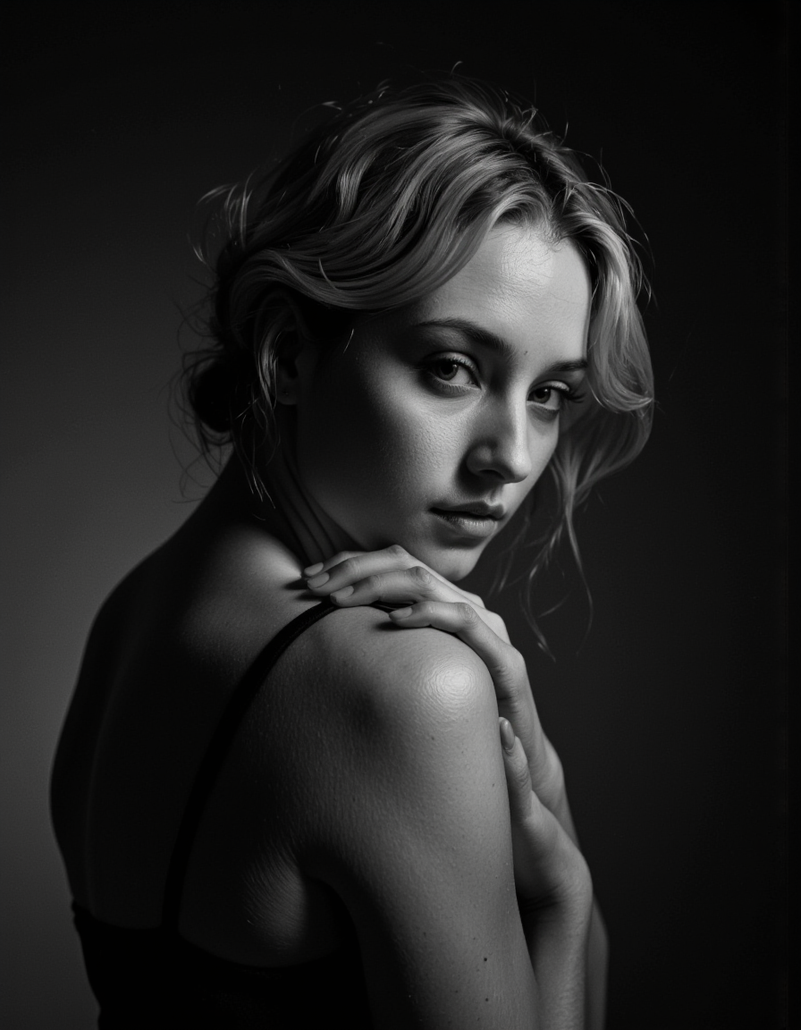 This is a high-resolution, high-contrast photograph of a young woman with a delicate, melancholic expression. She is positioned against a dark, gradient background that transitions from black to a deep charcoal grey, providing a stark contrast that emphasizes her face. The woman has light, fair skin, and her hair is a light blonde color, styled in loose, slightly tousled waves that are gently blowing to the right, suggesting a slight breeze or movement. Chiaroscuro, asymmetrical composition, perspective view. Intricate light and shadow play. <lora:Dark_side_of_light:0.55>