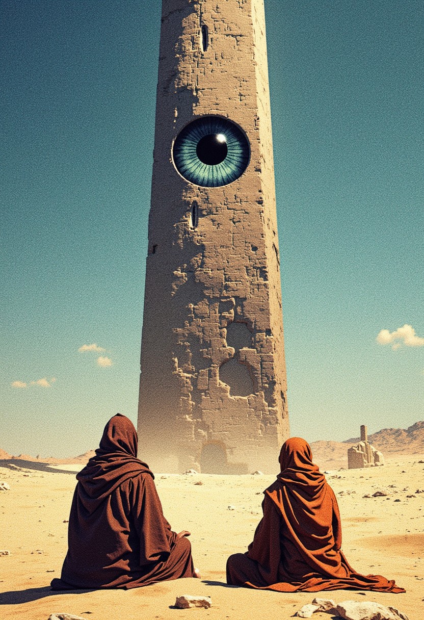 Desert, two monks sitting in meditation pose, back view, looking at a ((huge obelisk from a in the center) (of the obelisk huge perfect eye, ))) , (((detailed eye))). Blue sky, sand, desert landscape Ultra-HD character design, art The composition is dominated by cool tones, with a muted, slightly gritty texture that enhances the gritty, futuristic atmosphere.