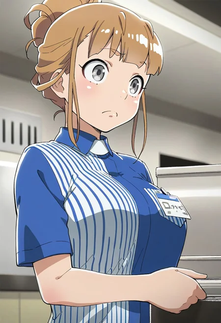 masterpiece,best quality,amazing quality,miyake hinata, brown hair, grey eyes, 1girl, solo, uniform, employee uniform, shirt, upper body, frown, holding