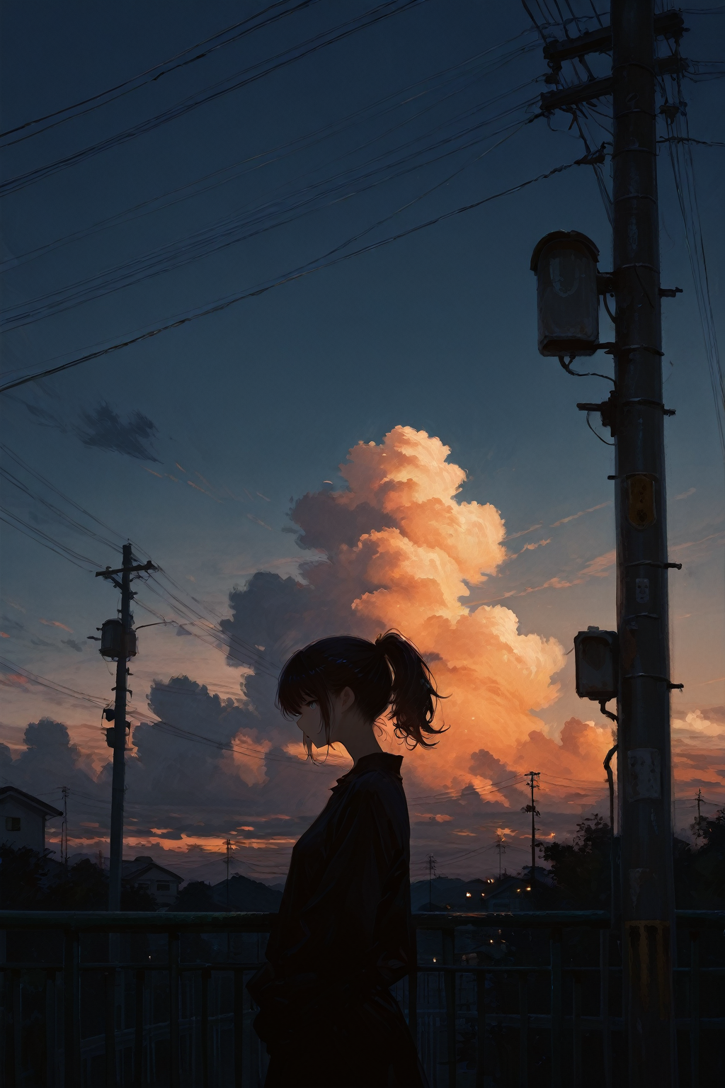 masterpiece,best quality,painting \(medium\), 1girl, solo, dark, railing, sky, outdoors, ponytail, power lines, sunset, cloud, utility pole, silhouette,<lora:fuyumur4s4ki_style:0.7>,fuyumur4s4ki_illu,