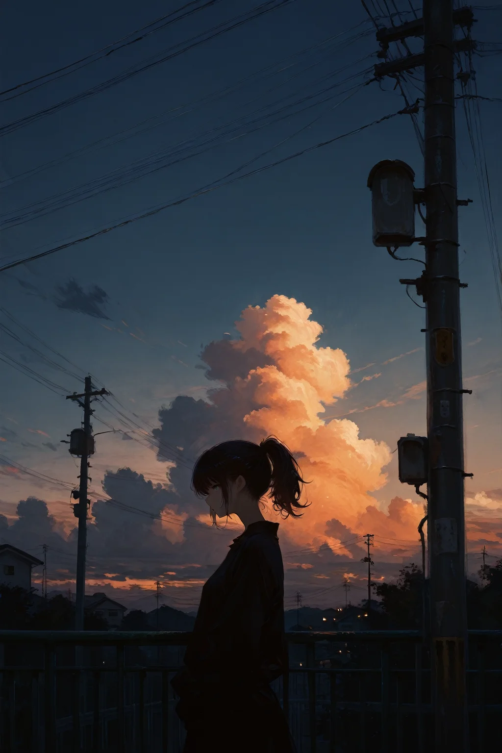 masterpiece,best quality,painting \(medium\), 1girl, solo, dark, railing, sky, outdoors, ponytail, power lines, sunset, cloud, utility pole, silhouette,<lora:fuyumur4s4ki_style:0.7>,fuyumur4s4ki_illu,