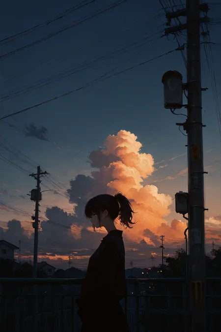 masterpiece,best quality,painting \(medium\), 1girl, solo, dark, railing, sky, outdoors, ponytail, power lines, sunset, cloud, utility pole, silhouette,<lora:fuyumur4s4ki_style:0.7>,fuyumur4s4ki_illu,