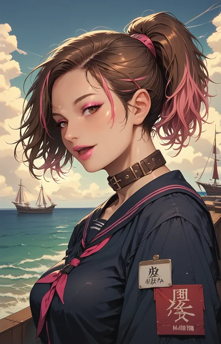 score_9,score_8_up,score_7_up, perfect hands, detailed background, smooth skin, detailed background, ukiyo-e, shiny skin, medium shot, sailor, name tag, ship, ocean, golden hour, partial cloudy, dynamic angle, motion lines, saluting,
(1 female), brown hair, pink highlights, high ponytail, detailed hair, large breasts, pale pink lipstick, detailed brown eyes, pink glossy eyeshadow, elongated Eyeliner, leather collar, happy
<lora:add-detail-xl:1> <lora:CORE:1> <lora:GarvGirlsPony:1> <lora:Eyes:00.5>