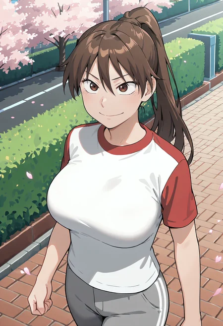 best quality, amazing quality, perfect quality, high quality, masterpiece, absolutely eye-catching BREAK
<lora:Ookiku_Furikabutte_-_Maria_Momoe:1> OofuriMaria, brown eyes, brown hair, long hair, ponytail, double-parted bangs, hair between eyes, large breasts BREAK
white t-shirt, raglan sleeves, grey sweatpants BREAK
outdoors, street, tile path, hedge, cherry blossoms, falling petals, sunbeam BREAK
1girl, walking, smile, cowboy shot, dutch angle, from above