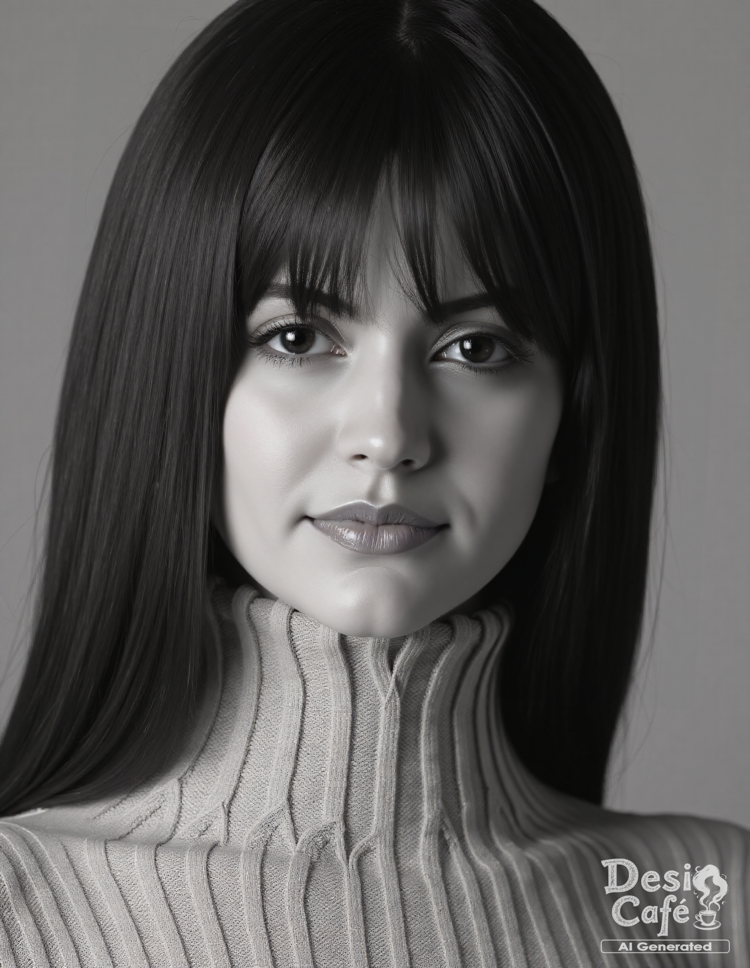 black and white photo of m4nd1r4 b3d1 woman, hyper realistic photo that is safe for work, serious, studio quality image with natural colors, well dressed wearing intricate turtleneck Rose turtleneck sweater, hair styled as  straight hair,muted pastel shaded multicolored background that contrasts with the person, cinematic lighting,âââââ   <lora:m4nd1r4_b3d1_Mandira_Bedi_Flux_Kohya_V1:0.9>âââ
