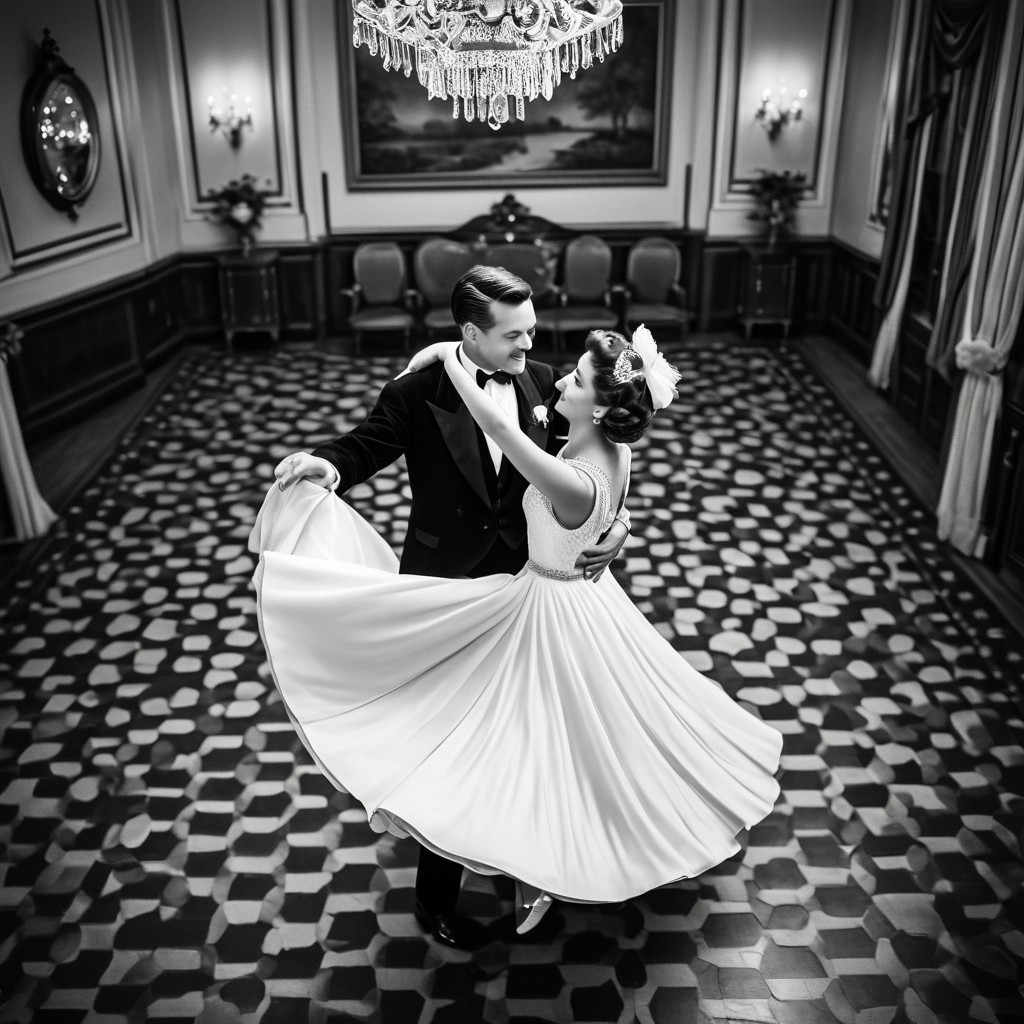1male, 1female, Graceful couple in stunning vintage outfits, dancing elegantly with poise in a vintage-era setting, retro black and white theme, capturing timeless elegance, focus on the couple as they move gracefully together, with a collection of cherished couple photos displayed in the background, viewed from a bird's-eye perspective, adding depth and a unique angle, enhancing the nostalgic and romantic ambiance.