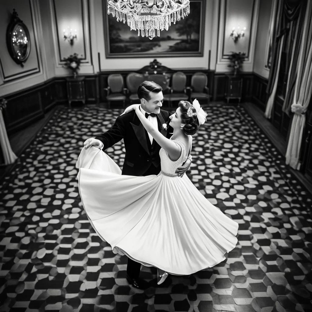 1male, 1female, Graceful couple in stunning vintage outfits, dancing elegantly with poise in a vintage-era setting, retro black and white theme, capturing timeless elegance, focus on the couple as they move gracefully together, with a collection of cherished couple photos displayed in the background, viewed from a bird's-eye perspective, adding depth and a unique angle, enhancing the nostalgic and romantic ambiance.