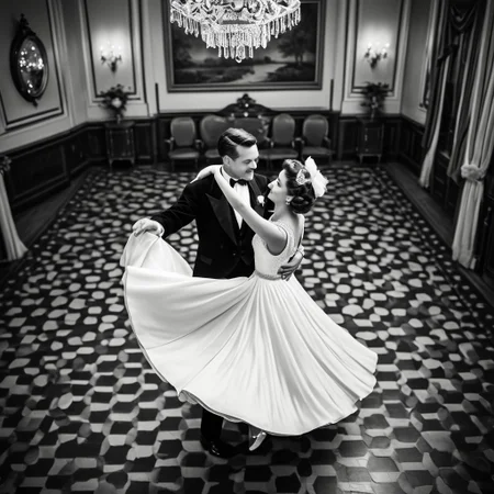 1male, 1female, Graceful couple in stunning vintage outfits, dancing elegantly with poise in a vintage-era setting, retro black and white theme, capturing timeless elegance, focus on the couple as they move gracefully together, with a collection of cherished couple photos displayed in the background, viewed from a bird's-eye perspective, adding depth and a unique angle, enhancing the nostalgic and romantic ambiance.