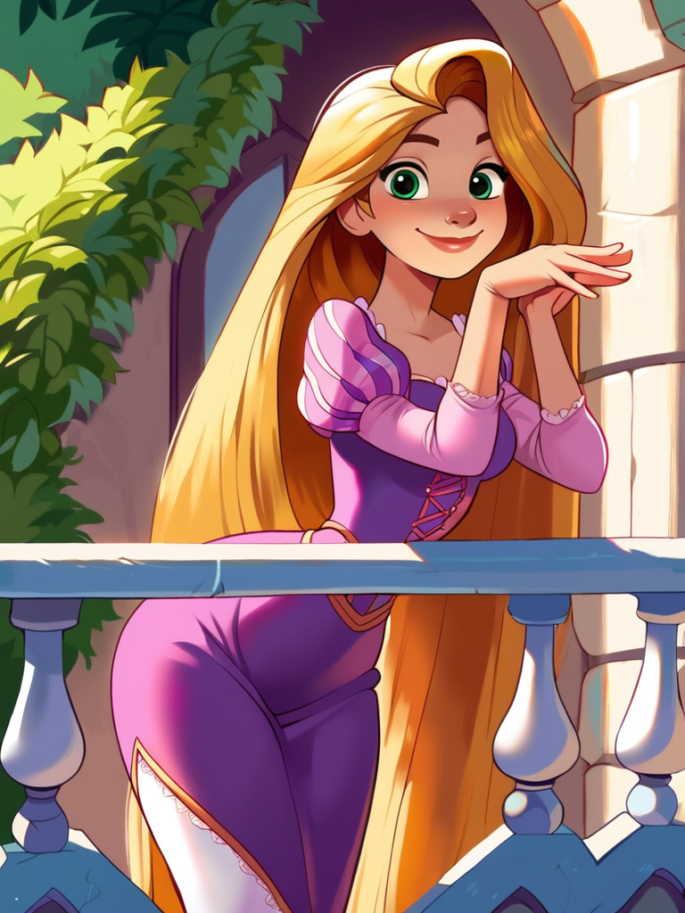 score_9, score_8_up, score_7_up, source_anime, RapunzelWaifu in a balcony in the top of a tower, leaning forward, cute pose, medium breasts, narrow waist, wide hips, thick thighs, smile, blue eyes, purple dress, puffy sleeves, very long hair, blonde, green eyes, anime style, looking at viewer, cute, detailed landscape, cowboy shot, cartoon, 4k, masterpiece,
 <lora:RapunzelPonyXL_character:0.7>  <lora:AfrobullPDXLresize:0.6>