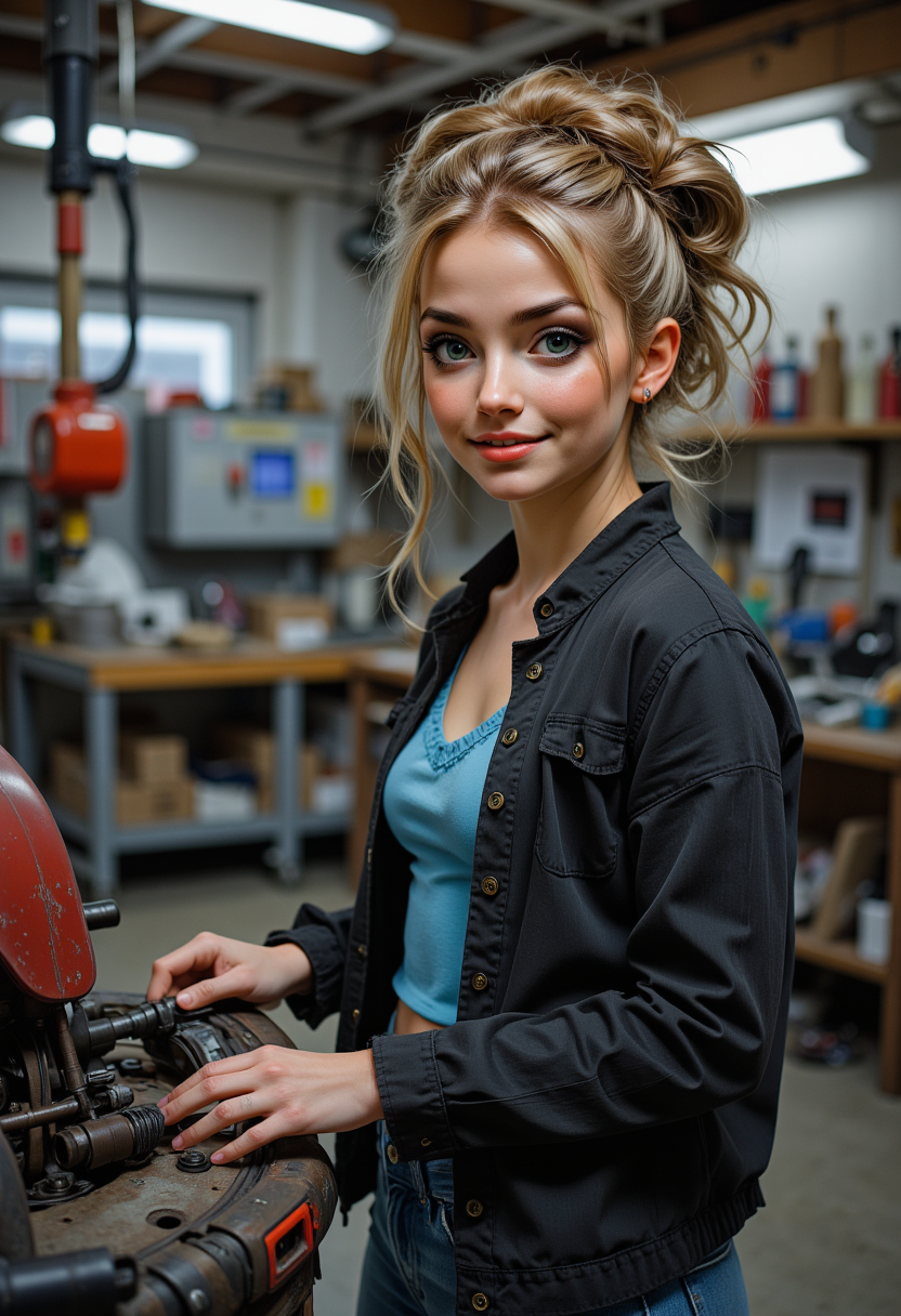 profile headshots, She is approximately 18 years old, full body view, dynamic angles, multiple angles, photoshoot poses; A photo of Cynthia, is painted in a realistic style. She is wearing a blue shirt and a black jacket, blue jeans and black boots,and her hair is in a bun. she is working on a land speeder in a mechanic shop, indoors,  The painting captures her smiling expression and the details of her outfit. which adds to the focus on the girl's face and her outfit. The overall composition is a beautifully rendered portrait of a young girl. 32k UHD, expressive eyes, punk, graphic design, girl's face, pretty and cute, gleaming lips, telling a tale of adventure. Exuding confidence and serenity. The overall mood of the image is happy and relaxed,detailed skin texture,(blush:0.2),(goosebumps:0.3),subsurface scattering,with a playful and whimsical tone, aidmaHyperrealism, aidmarealisticskin,Niji style,