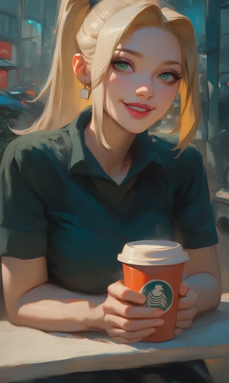 score_9, score_8_up, score_8. score_9, score_8_up, score_7_up, score_6_up, masterpiece, 4k, high quality, (best quality:1.1),
BREAK
1girl, Blondie, makeup, lipstick, earrings, blonde hair, long hair, high ponytail, , bright perfect green eyes, lipstick, medium breasts, smile, motion lines, happy smile, sexy, seductive
standing, serving coffee over a counter top leaning forward, tight white t shirt, 
BREAK 
sunny day, city street, hole in the wall café