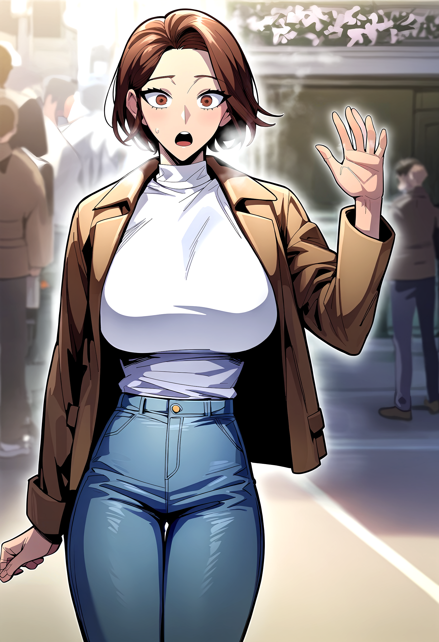 score_9, score_8_up, score_7_up, score_6_up, source_anime, rating_explicit, <lora:neg4all_bdsqlsz_V3.5:2.0>1girl, (solo:1.1), huge breasts, <lora:Baek Hayeonponyxl:1> brown hair, short hair, brown eyes, pants, jeans, long sleeves, brown jacket, white shirt, turtleneck, surprised, open mouth, Narrow shoulders, heavy breathing, sweat, steaming body, street, outdoor, looking at viewer