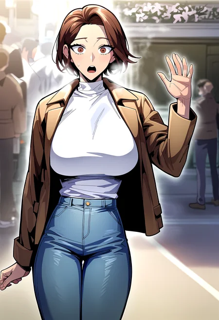 score_9, score_8_up, score_7_up, score_6_up, source_anime, rating_explicit, <lora:neg4all_bdsqlsz_V3.5:2.0>1girl, (solo:1.1), huge breasts, <lora:Baek Hayeonponyxl:1> brown hair, short hair, brown eyes, pants, jeans, long sleeves, brown jacket, white shirt, turtleneck, surprised, open mouth, Narrow shoulders, heavy breathing, sweat, steaming body, street, outdoor, looking at viewer