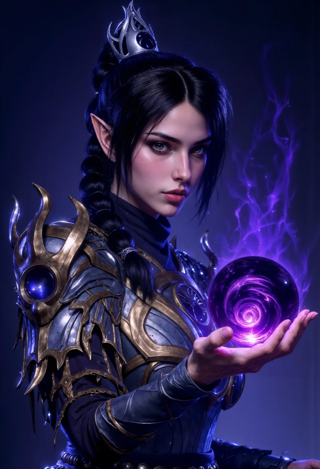 ShadowDJ, a high-resolution fantasy-themed portrait featuring a female character with a mystical aura. The character is an elf with pointed ears, fair skin, and a serious expression. She has long black hair styled in a braid. The character is wearing ornate armor with metallic, reflective surfaces and glowing blue accents, adding a magical effect. In their hand, they hold a swirling, dark purple orb, which emits a faint glow, suggesting magical power. The background is a gradient of deep blue, enhancing the mystical atmosphere of the scene. The overall composition focuses on the character's intense gaze and the mysterious orb, creating a sense of intrigue and fantasy. <lora:FluxShadowDJV1:1> <lora:FluxMythP0rtr4itStyle:0.6> <lora:Midjourney_Dreamlike_Fantasy_FLUX_LoRA:0.6> <lora:Elden_Ring_-_Yoshitaka_Amano:0.33>
