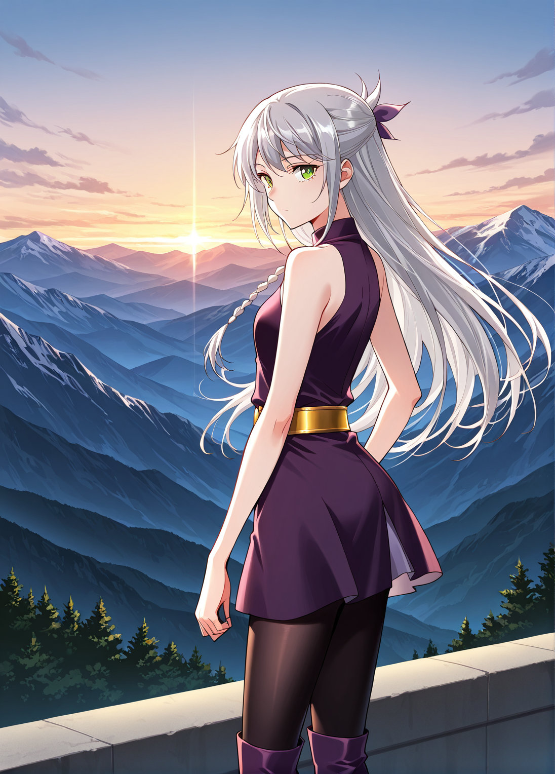 <lora:Ye_Liuli__I_am_the_Fated_Villain__Illustrious:1>
1 girl, solo, gray hair, loose hair, long hair, small braid, green eyes, small breasts
purple dress, short skirt, black tights, purple boots, sleeveless dress, bare shoulders, gold belt
score_9, score_8_up, score_7_up, source anime, BREAK,  cowboy shot, (from side), looking back, looking at viewer, overlooking mountain, high altitude, scenery, exterior, background, (solo), perfect hands