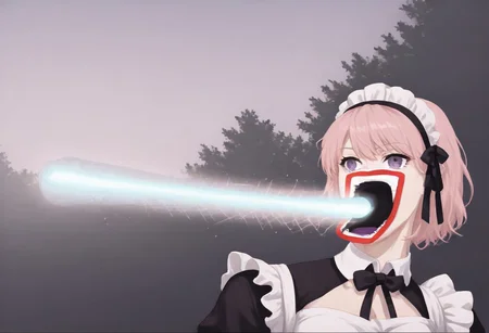 score_9,rating_safe,1girl,solo,CivChan,purple eyes,pink hair,maid dress,shoopdawoop,laser,upper body,source_anime,outdoors