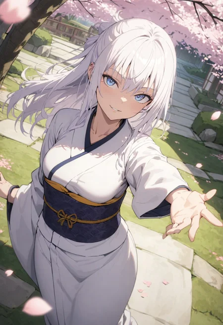score_9, score_8_up, score_7_up, score_6_up, masterpiece, best quality, absurdres, cinematic, dynamic angle, perfect composition, solo, 1girl, medium breast, gojou satoru, blue eyes, white hair, long hair, kimono, cherry blossoms, sakura petals, Japanese garden, smirk, standing, looking at viewer,