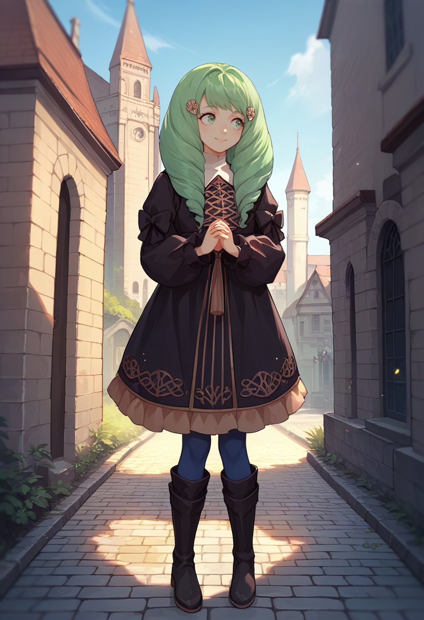 score_9, score_8_up, score_7_up, source_anime, 1girl, standing, smile, hands together, looking to the side, <lora:FlaynFE-pdxl:1> defFlayn, long hair, drill hair, hairclip, uniform, black dress, bow, blue pantyhose, black knee boots, outdoors, cobblestone, cathedral