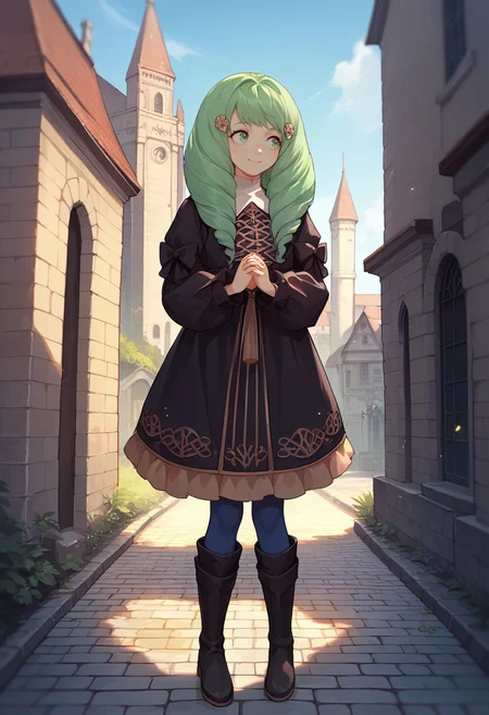 score_9, score_8_up, score_7_up, source_anime, 1girl, standing, smile, hands together, looking to the side, <lora:FlaynFE-pdxl:1> defFlayn, long hair, drill hair, hairclip, uniform, black dress, bow, blue pantyhose, black knee boots, outdoors, cobblestone, cathedral