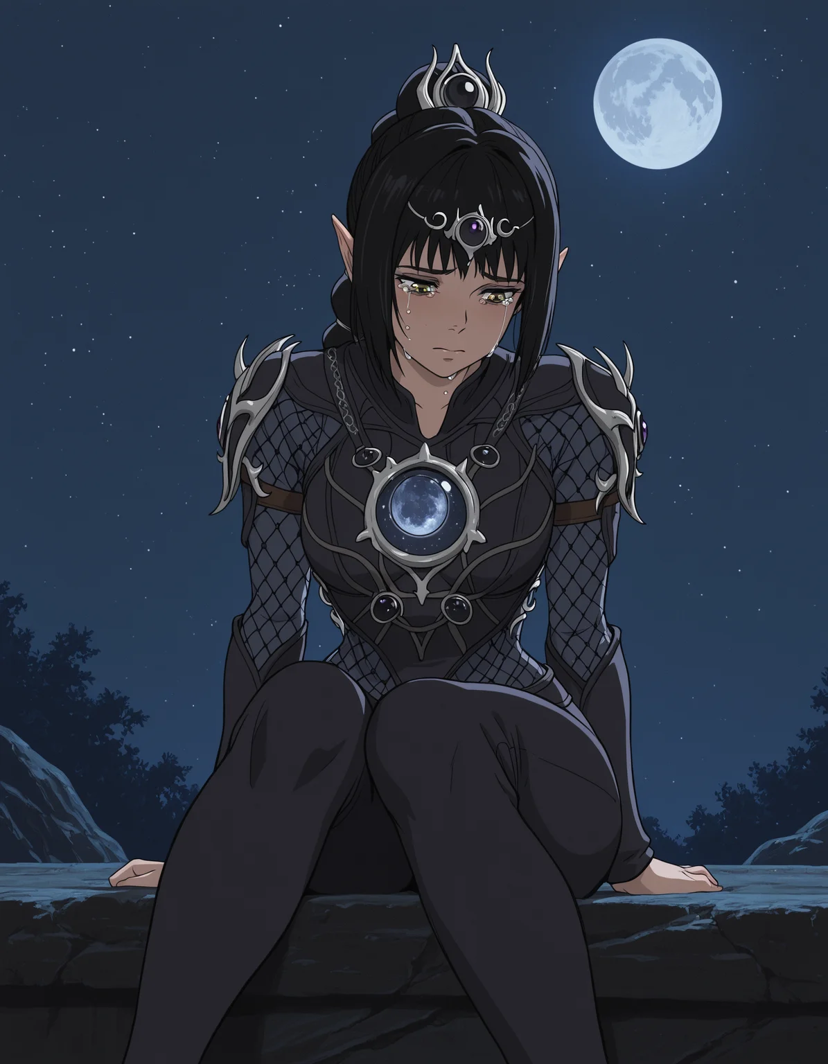 studio_ghibli, 1girl, shadowheart, baldur's gate, night, sitting, tears, looking down, moon, masterpiece, best quality, amazing detail, high definition