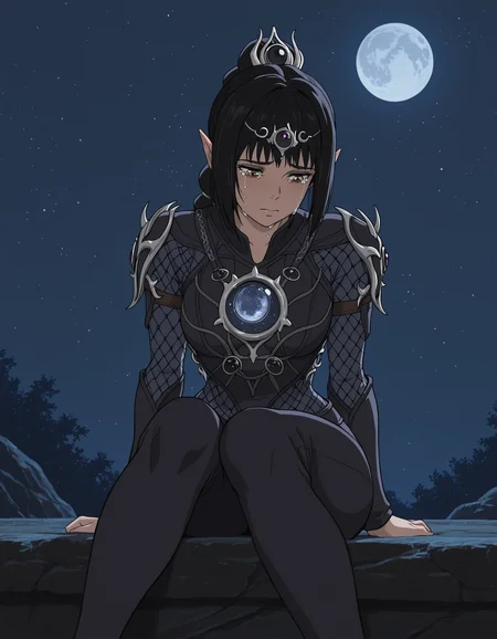 studio_ghibli, 1girl, shadowheart, baldur's gate, night, sitting, tears, looking down, moon, masterpiece, best quality, amazing detail, high definition