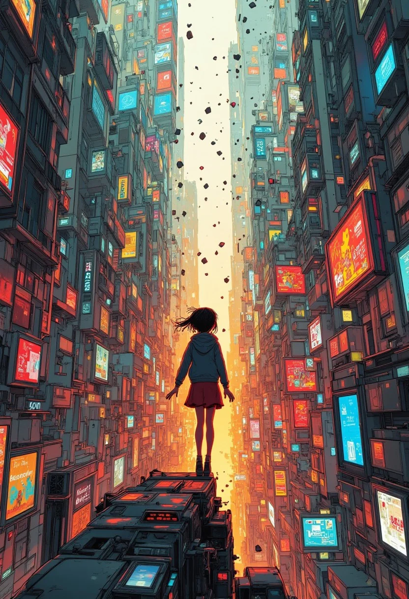 ff-enhance, ff-comic, Everything feels like it’s barely holding together, shattered glass, fractured spires, and her, caught in the middle of it all. Maybe it’s the glitches or the glow, but she’s less a person and more a memory trying to stay alive. Beautiful, but unreachable. She reaches out into the distance. Darker grittier outlines.