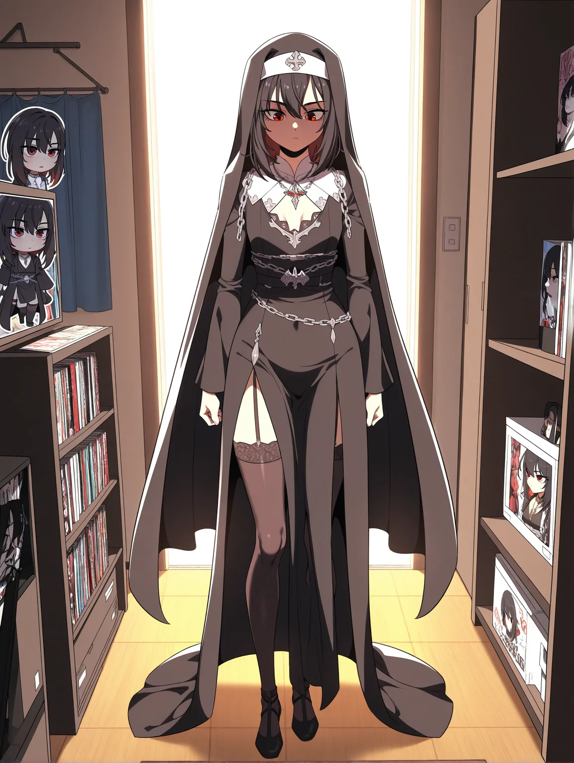best quality,amazing quality,<lora:Hua Ran:1>,hua ran,red eyes,black hair,black veil,num,necklace,full body,thighhighs,standing,otaku room,