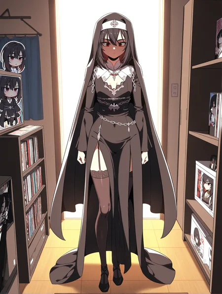 best quality,amazing quality,<lora:Hua Ran:1>,hua ran,red eyes,black hair,black veil,num,necklace,full body,thighhighs,standing,otaku room,
