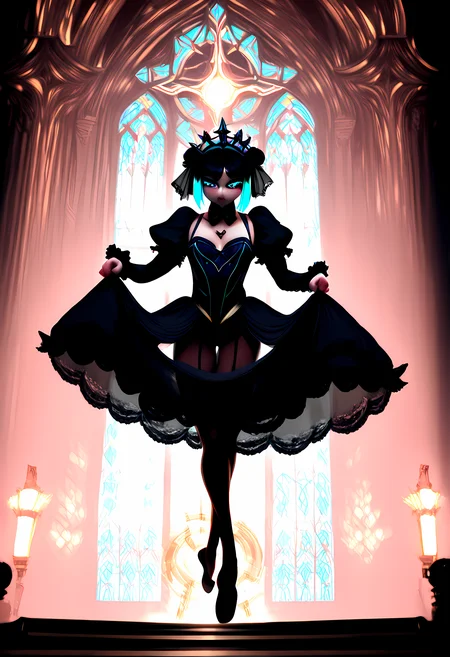 1girl, solo, neon punk ballerina with glitch tears, dancing on the altar of an old gothic church, audio-reactive waveform distortions, chromatic diffusion over fractal spirals, plus, fractaled portal beacon in background, ultra-wide cinematic angle, hyper-detailed, cinematic lighting, 8K, ultra textural