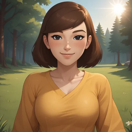 score_9, score_8, BREAK, solo, wii, mii, wii sports, 1girl, female mii, black eyes, brown hair, brown eyebrows, blush, yellow clothing, white pants, shoes, nintendo mii, modern_mii, classic_mii, breasts, Mizuho_(Wii_Sports), cute, sexy pose, smile, outdoors, sunlight, shadows, evening lighting, natural lighting, forest, trees, grass, orange sky, sunset