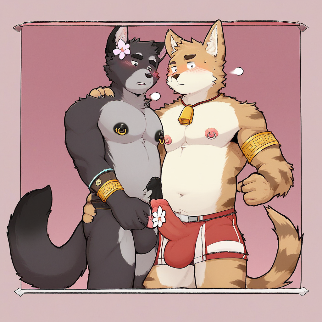 animal ears, flower, male focus, 2boys, furry male, 1boy, nipple piercing