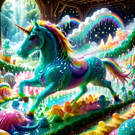 embedding:lazympos an ethereal unicorn galloping across a marshmallow-slime meadow, mane flowing like liquid glitter, hooves imprinting glowing hoofprints, rainbow slime clouds above, sl1m3d, slime-morph, dreamlike atmosphere <lora:Slime_Morph_V4:1.0000000000000002> <lora:TrendCraft_The_Peoples_Style_Detailer-v2.1A-3_12_2025-SDXL:0.20000000000000004>