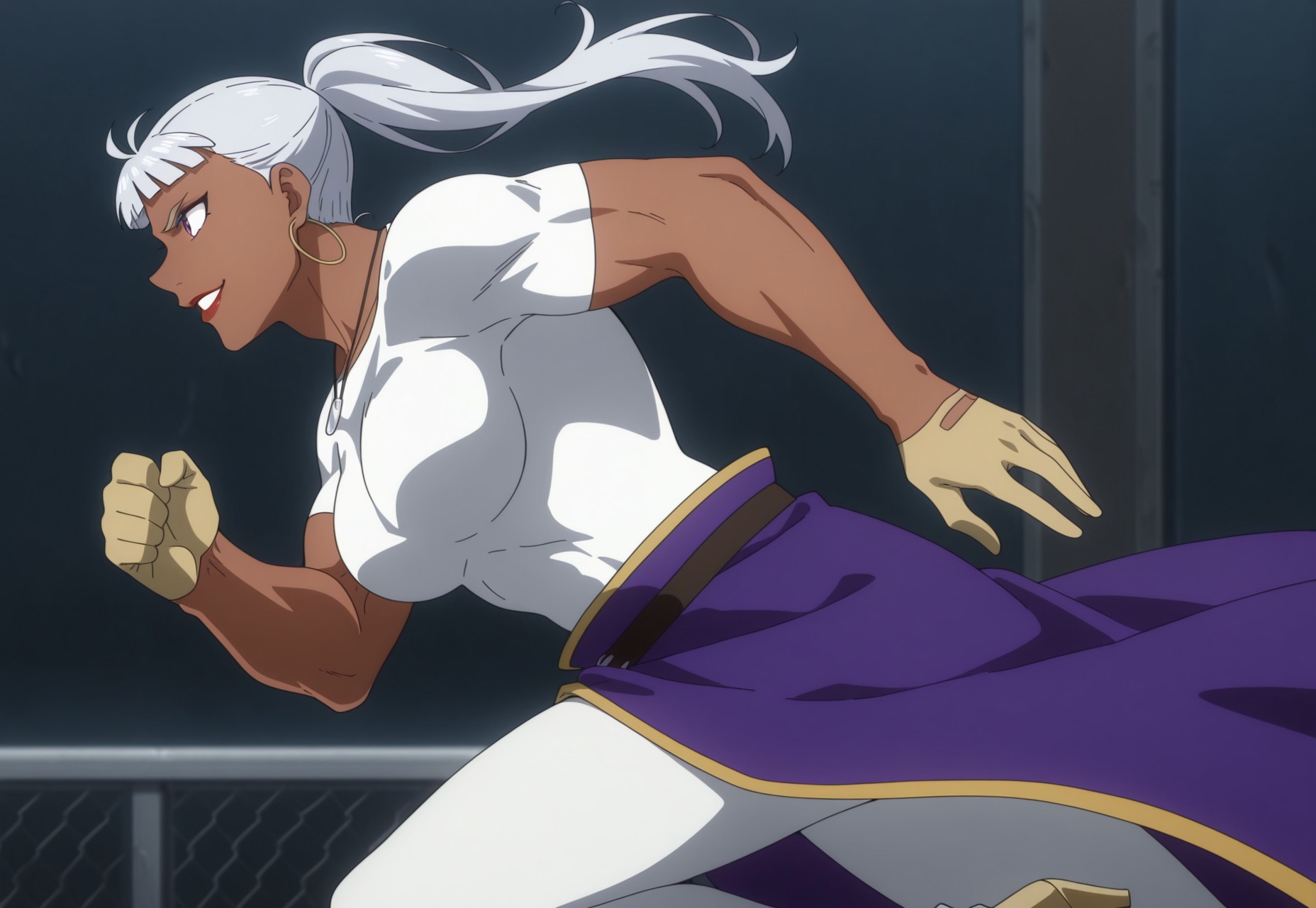 masterpiece, best quality, detailed, from side, anime, parted lips, small smirk, 1girl, solo, Drsala, dark-skinned female, white hair, bangs, ponytail, purple eyes, muscular female, breasts, lipstick, shirt, waist cape, pants, gloves, hoop earrings, necklace, running, shoes, heels,