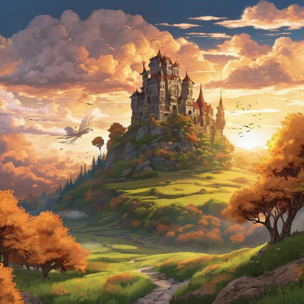 epic clouds, scenery, outdoors, grass, sunset, a floating castle, flowers, cloudy sky, a magical city, twilight, nature, wind, masterpiece, best quality, very aesthetic, magical white cherry tree, no people, source_anime, golden hour:0.4, fall colour scheme:0.2, leafs flying in the wind, birds in the air, wind blowing grass and trees in motion, foggy, moody image, interesting lighting, steampunk theme, setting sun visible, large sun, god rays, beautiful sunset