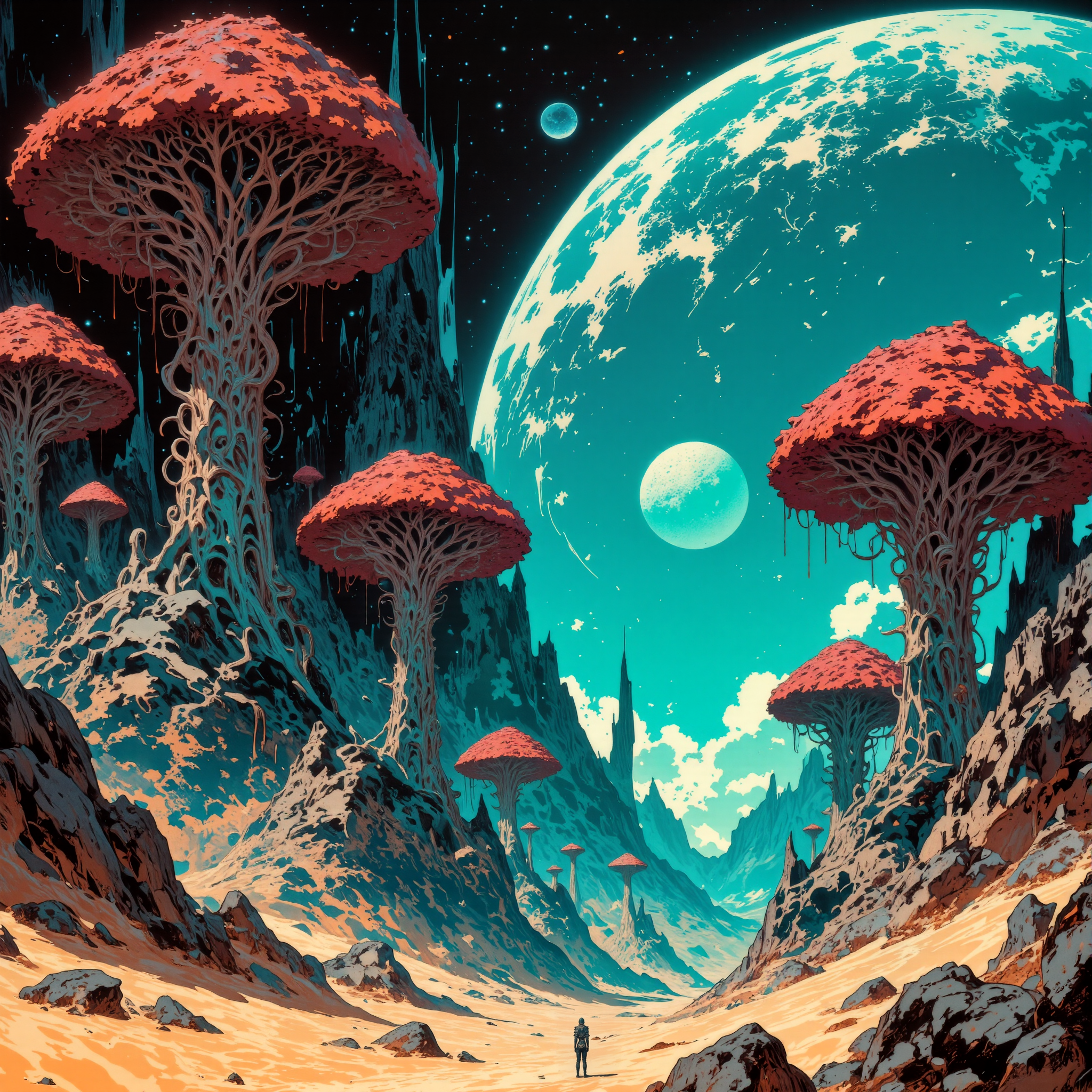 creature focus, hyper-realistic, photo-realistic, very aesthetic, wonderful and otherworldly scenery on a distant planet, extremely detailed, ultra high resolution, famous artwork inspired by swoon and james r. eads, fractal art, the worryingly beautiful "dappled wibblesplats" are joribified gigantic vegetal blortz with wooglepuffed tendrils, slowly stalking across the endless dunes of planet "underkraut prime" where they flabberwuzz moisture from the air and use it to sustain themselves and the many tingspurdled symbiotic creatures that live on and around them, dappled lighting, golden ratio, the color palette is predominantly bordeaux red and ebony black and teal and ultramarine blue and light beige, ovg, in the style of ckpf, amanoer, <lora:style-painterly_fantasy-flux-by_chronoknight:0.76> <lora:style-retro_anime-flux-by_lizardman245:0.36> <lora:style-yoshitaka_amano-elden_ring-flux-by_alicient:0.52>