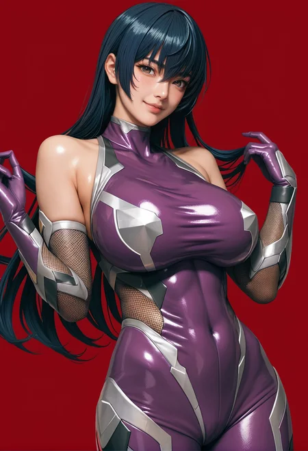 1girl,red background,,ruanyi0936,taimanin suit,cowboy shot,bare shoulders,purple bodysuit,elbow gloves,long hair,<lora:0936 Asagi Igawa (taimanin suit)_v1_pony:1>, score_9, score_8_up, score_7_up, score_6_up, score_9, score_8_up, score_7_up, score_6_up source_anime, blush, 1girl, seduce smile, perfect body , natural huge breasts