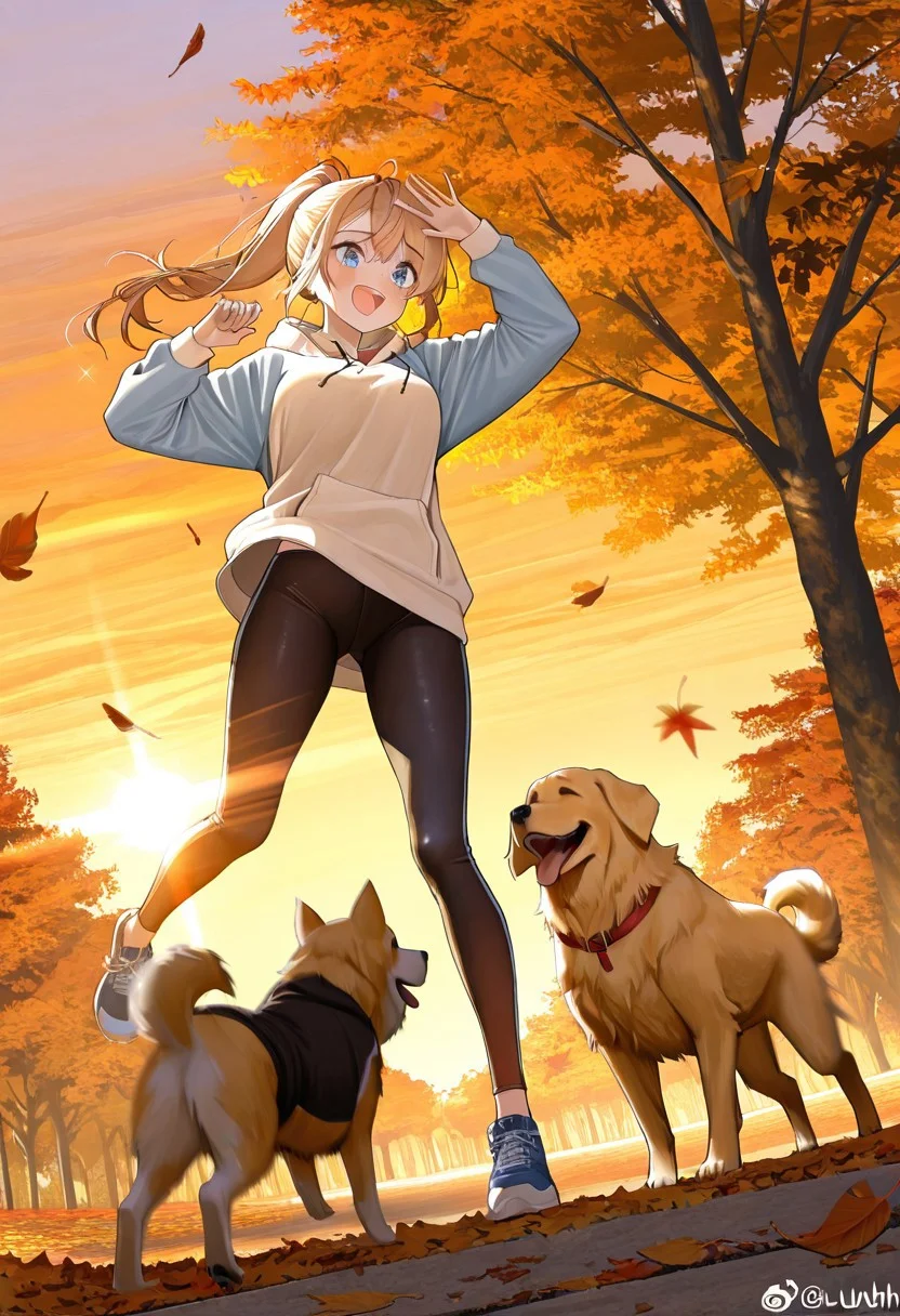 (masterpiece, best quality, ultra-detailed:1.3), RAW photo, 8K UHD,
1girl, sparkling blue eyes, windswept auburn ponytail, sun-kissed skin, sporty leggings + hoodie,
[Golden autumn park, fallen leaves], [laughing while golden retriever jumps playfully],
warm sunset glow, motion blur (dog), cinematic composition