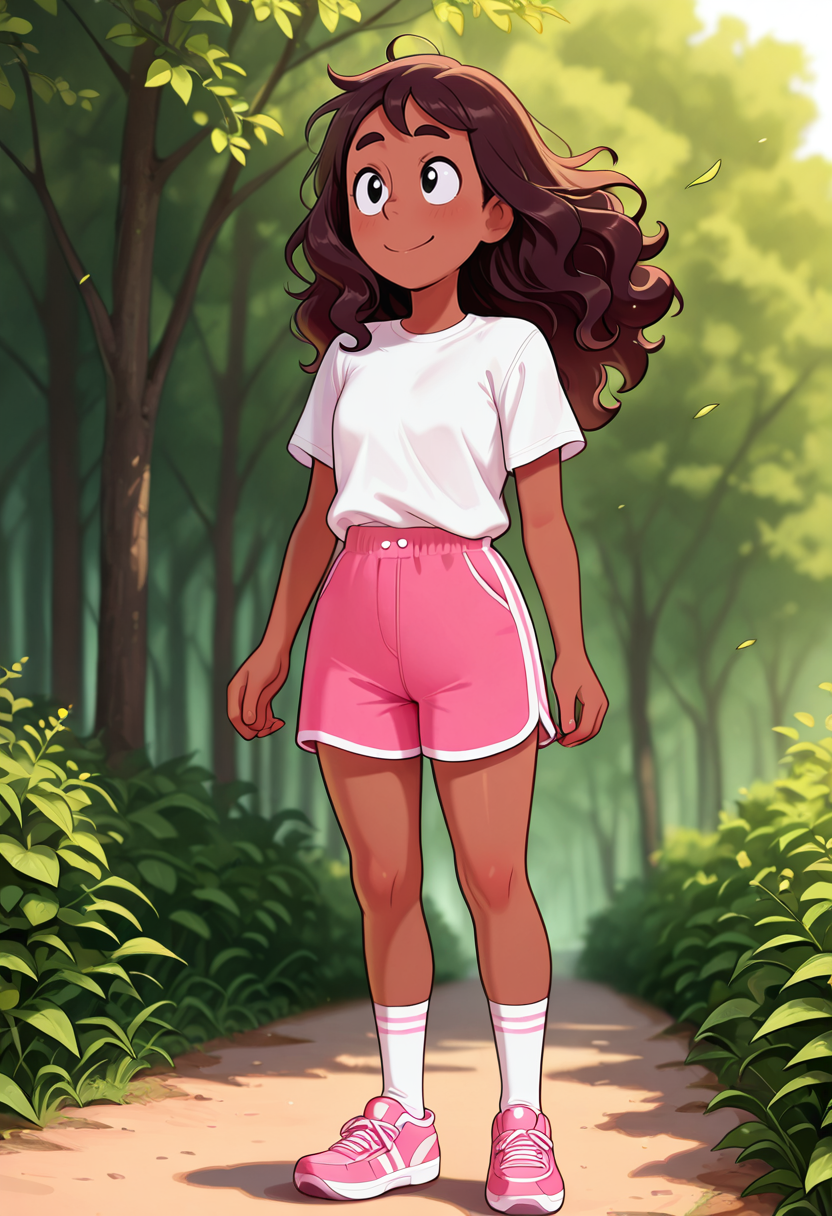 masterpiece, best quality, very aesthetic, absurdres,  cartoon, 1 girl, solo, Connie_Maheswaran, dark-skinned, long hair, wavy hair,  brown hair, black eyes, white t-shirt, sport pink shorts, socks, pink sneakers, smile, on the nature, wind,
 <lora:Smooth_Booster_v2:0.3>, <lora:Connie_Maheswaran_SU__Illustrious:1>, <lora:TheOtherHalf_pXL:1>