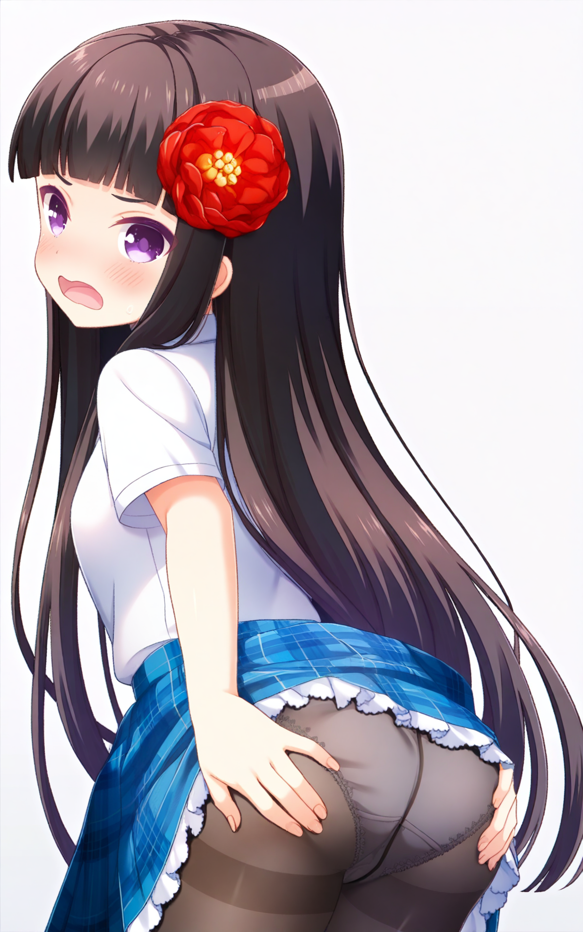 masterpiece,best quality,good quality,newest,4k,perfect lighting,cinematic,very aesthetic,official art,anime screencap,anime coloring,(((white background,simple background))), detailed fingers,
1girl,solo,shiranui isuzu,black hair,long hair,blunt bangs,hair ornament,hair flower,red flower,purple eyes, seio school uniform,white shirt,collared shirt,short sleeves,blue skirt,plaid skirt,frilled skirt,black pantyhose,
facing away,standing,looking at viewer,looking back,blush,open mouth,surprised,hands on own ass,holding skirt,upskirt,pantyshot,panties under pantyhose,from behind,BREAK
<lora:ILisuzu:1>