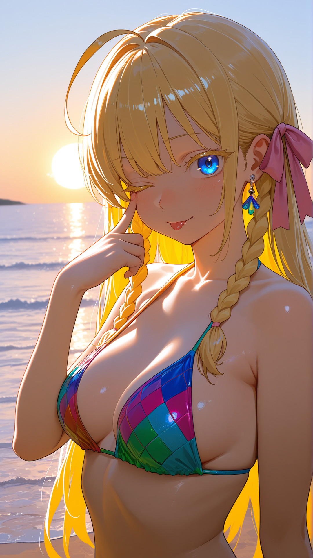 masterpiece, best quality, amazing quality, very aesthetic, absurdres, highres, newest, 2024, HDR, 8K, high detailed, high contrast, real background, impasto, colorful depth, colorful lighting, detailed background,
1girl, blue eyes, blond colored eyelashes, blonde hair, pink bow ribbon, ahoge, long hair, side braids, earrings, medium breasts, light smile, bikini, beach, eyelid pull, akanbe, one eye closed, :p,
