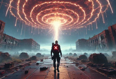 OPPENHEIMER, midjourney, cinematic lightings, color cinematic film, 4D render,blender software graphics, camera rotate ccw, Chernobyl disaster umbrella corporation resident evil, Apocalypse,zombies,girl,The letter nervos glows,fire embers,blood,minimalist outfit,anti social,flying between the galaxy,cyberpunkartstyle,ruined ancient city,Professional styling, intricate details,8k post production, faithful, Religious denomination
