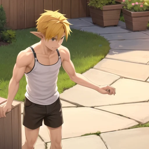 1boy, pointy ears, tank top, bow, shorts, blonde hair, fit,