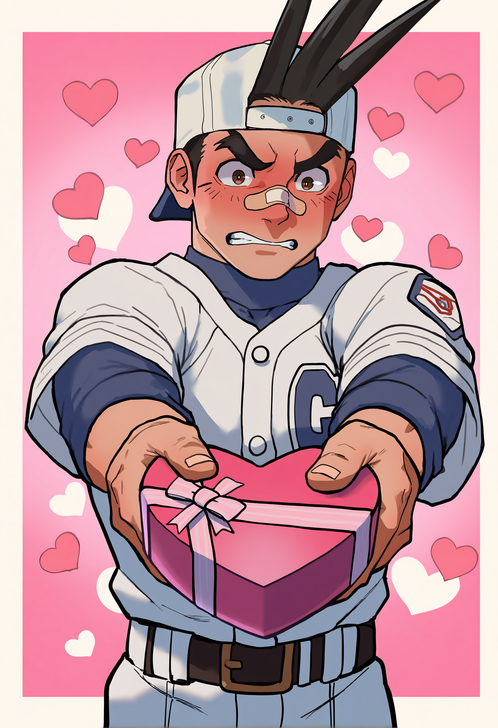 masterpiece, best quality, newest, absurdres, highres, very awa, 1boy, male, male focus, sawamura shouma, hair through headwear, hat, baseball cap, bandaid on nose, baseball uniform, embarrassed, incoming gift, confession, holding gift, pov, bara, valentine, simple background, heart background, white border