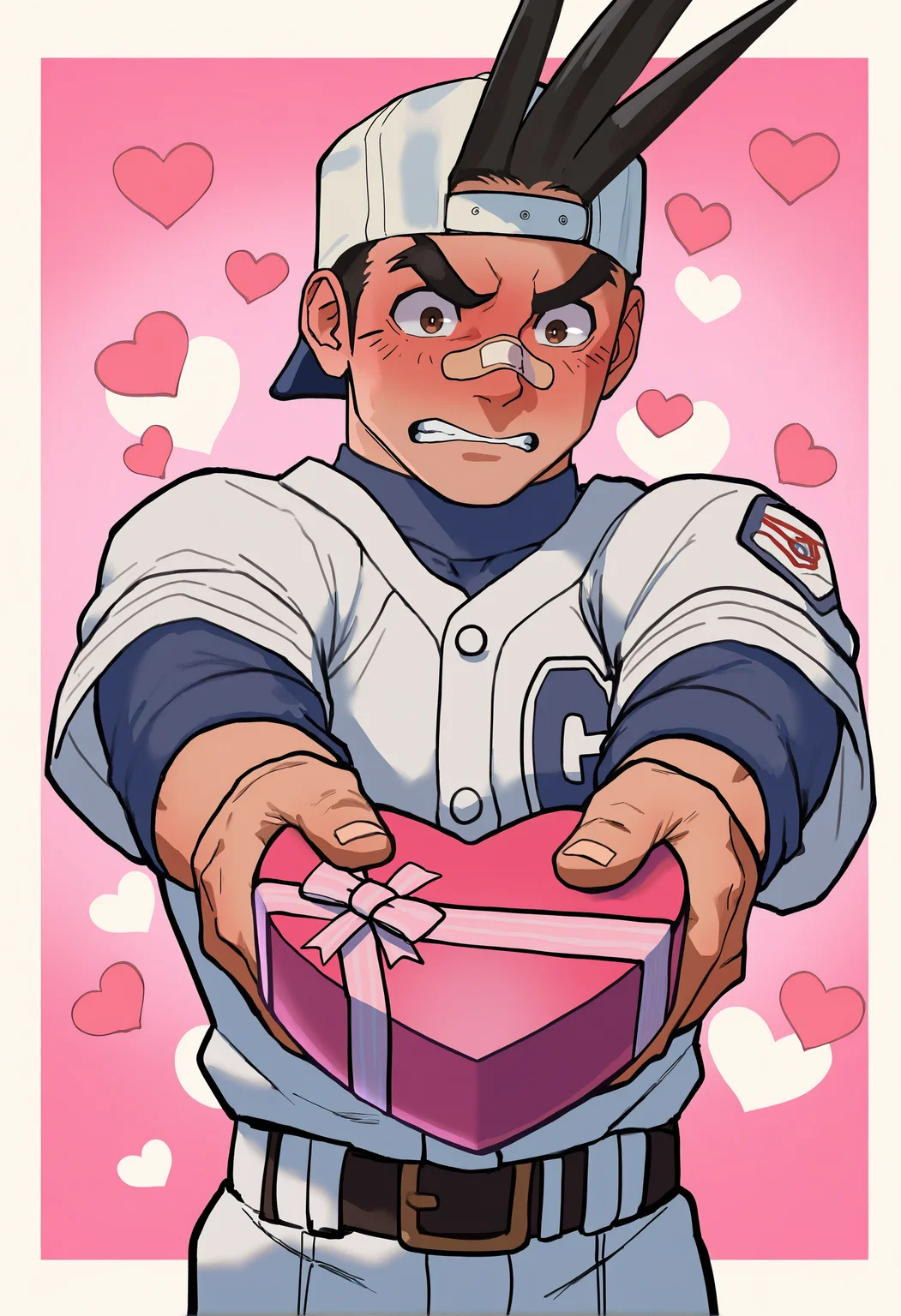 masterpiece, best quality, newest, absurdres, highres, very awa, 1boy, male, male focus, sawamura shouma, hair through headwear, hat, baseball cap, bandaid on nose, baseball uniform, embarrassed, incoming gift, confession, holding gift, pov, bara, valentine, simple background, heart background, white border