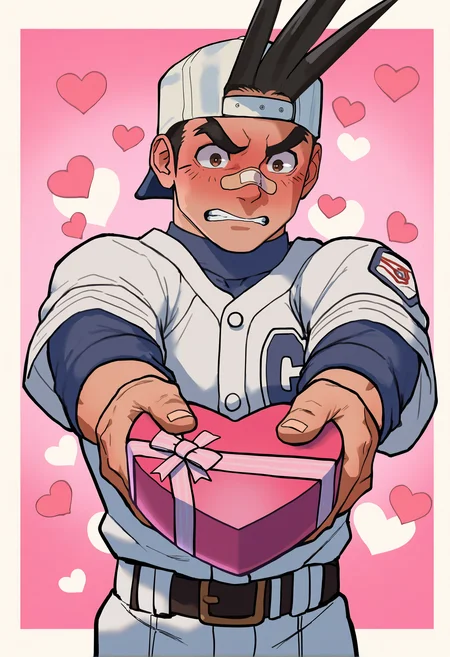masterpiece, best quality, newest, absurdres, highres, very awa, 1boy, male, male focus, sawamura shouma, hair through headwear, hat, baseball cap, bandaid on nose, baseball uniform, embarrassed, incoming gift, confession, holding gift, pov, bara, valentine, simple background, heart background, white border