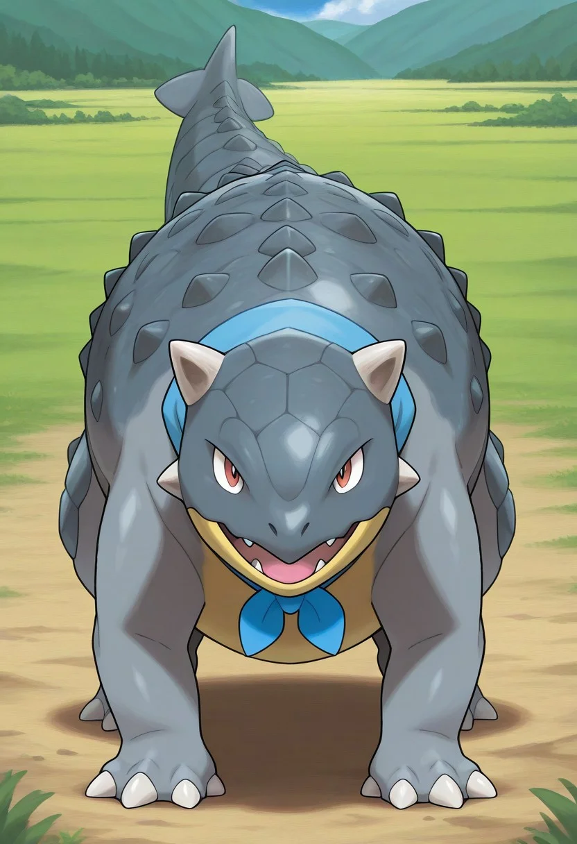 sugimori ken, pokemon, official art,
best quality, masterpiece, amazing quality, very aesthetic, absurdres,
full body,
1boy,
no humans, solo,
ankylosaurus,
anthro,
colored skin, grey skin, countershading, white belly,
blue bandana neckerchief,
looking at viewer, smile,
outdoors, field