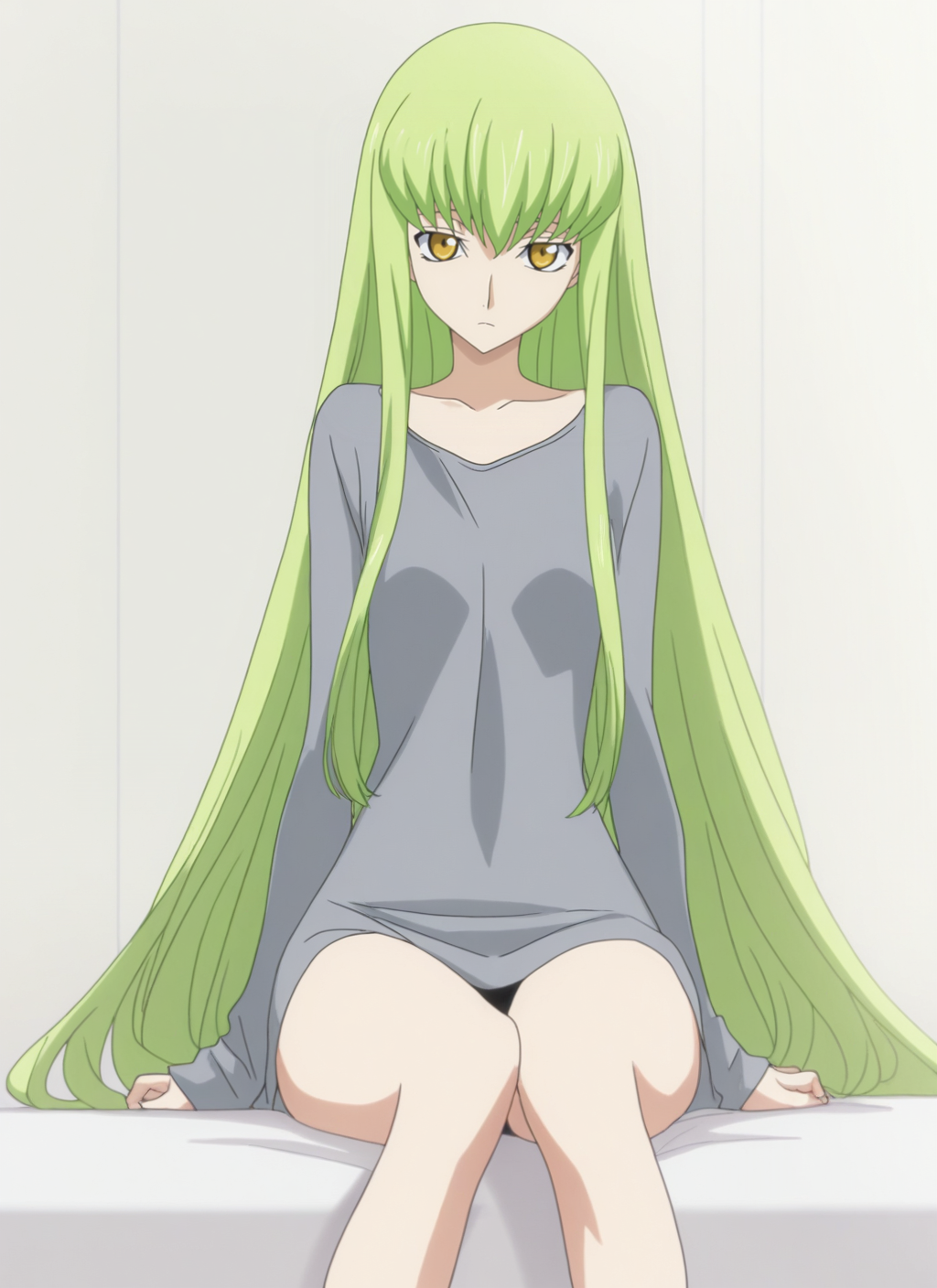 masterpiece, best quality, newest, absurdres, highres, cdgs, 1girl, Sitsu, simple casual outfit, looking at viewer, sitting, yellow eyes, long green hair, detailed, <lora:Code_Geass_Style_Illustrious:1.0>