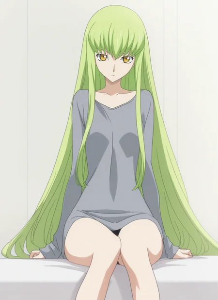 masterpiece, best quality, newest, absurdres, highres, cdgs, 1girl, Sitsu, simple casual outfit, looking at viewer, sitting, yellow eyes, long green hair, detailed, <lora:Code_Geass_Style_Illustrious:1.0>